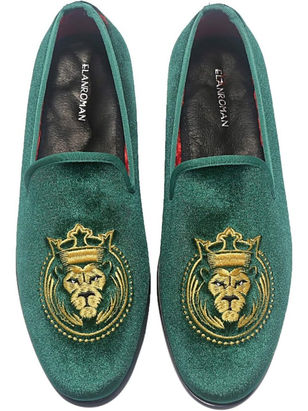 ELANROMAN Men's Olive Velvet Loafers Embroidered Lion Crown Formal Party Shoes